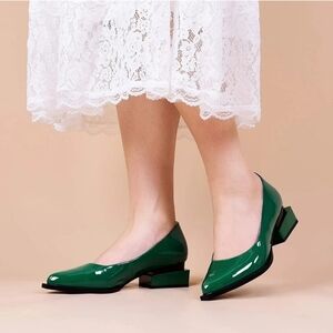 ROTCV Green Patent Low Block Heel Flats
